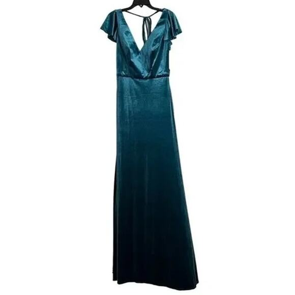 NWT After Six Lux Velvet Flutter Sleeve V Neck Maxi Dress Pockets 6 Dutch Blue - Picture 14 of 15